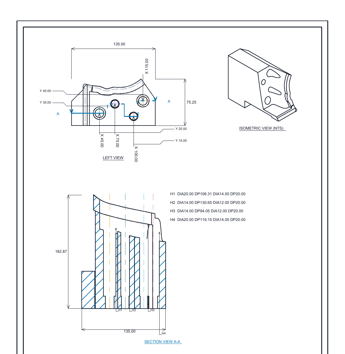 An anonymised real CADMation manufacturing draft with a complex profile and isometric view