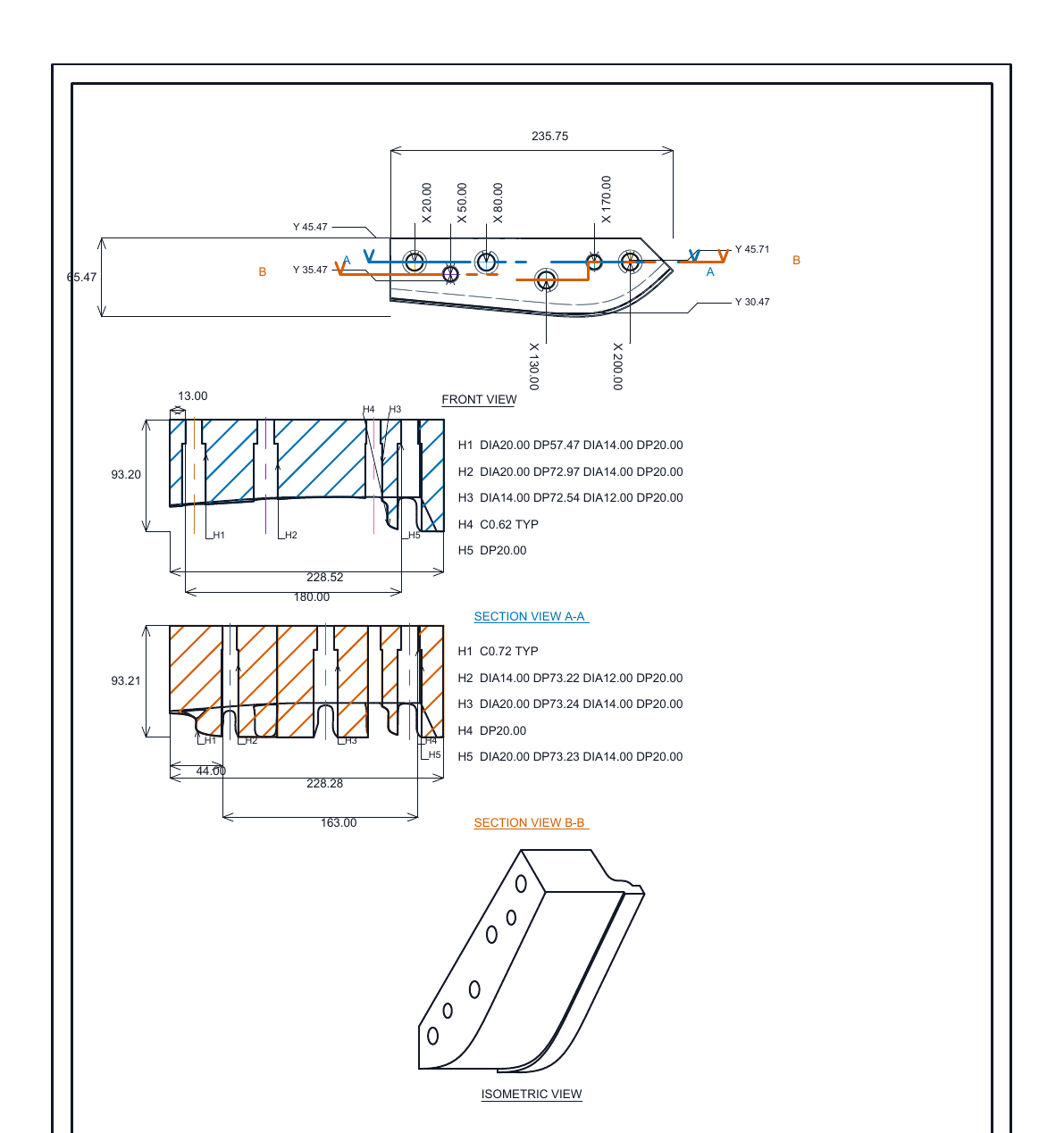 An anonymised real CADMation manufacturing draft with front, section and isometric views