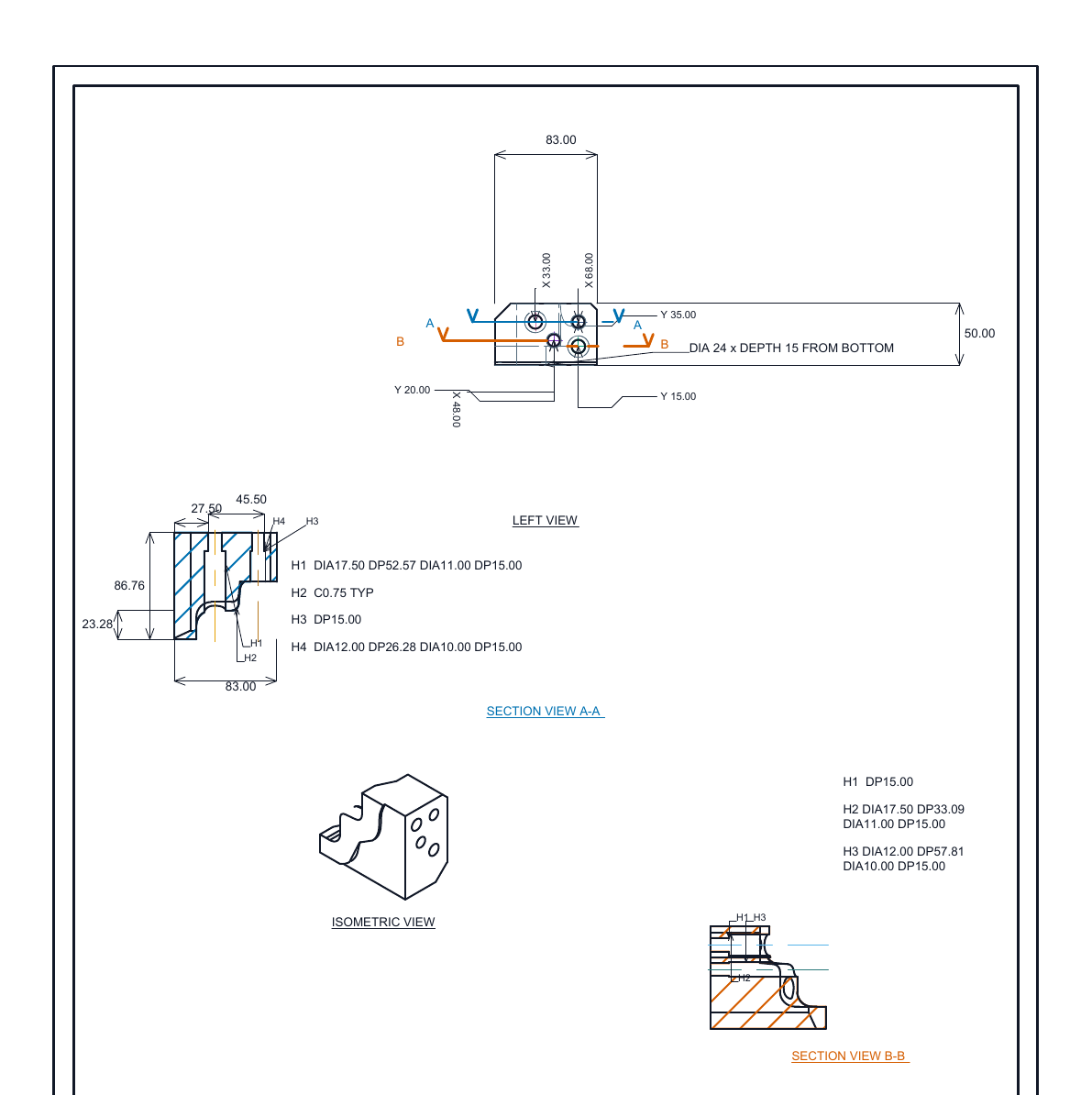 An anonymised real CADMation manufacturing draft with two section views