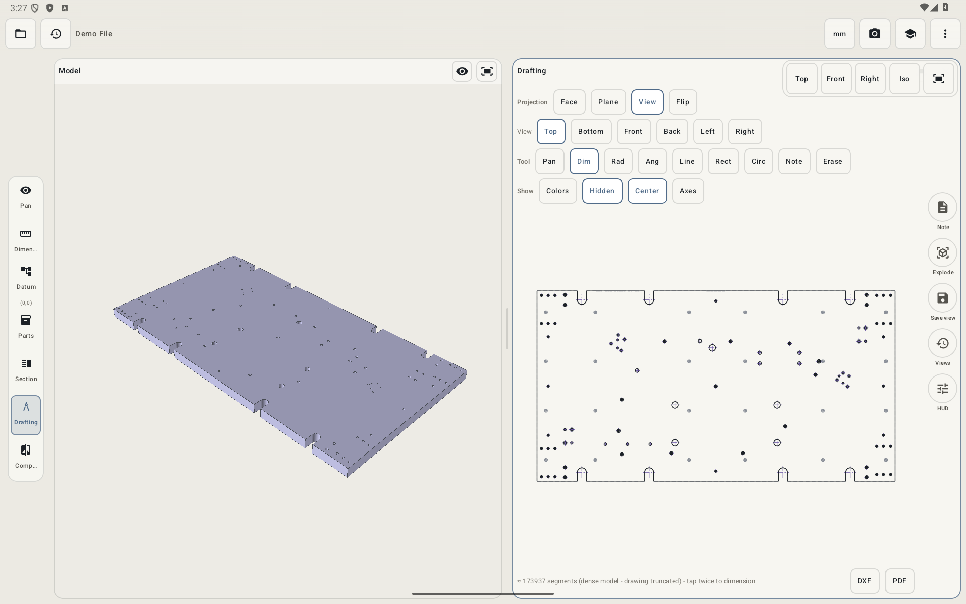 A real PartLens Android screenshot showing the 3D and drafting workspace