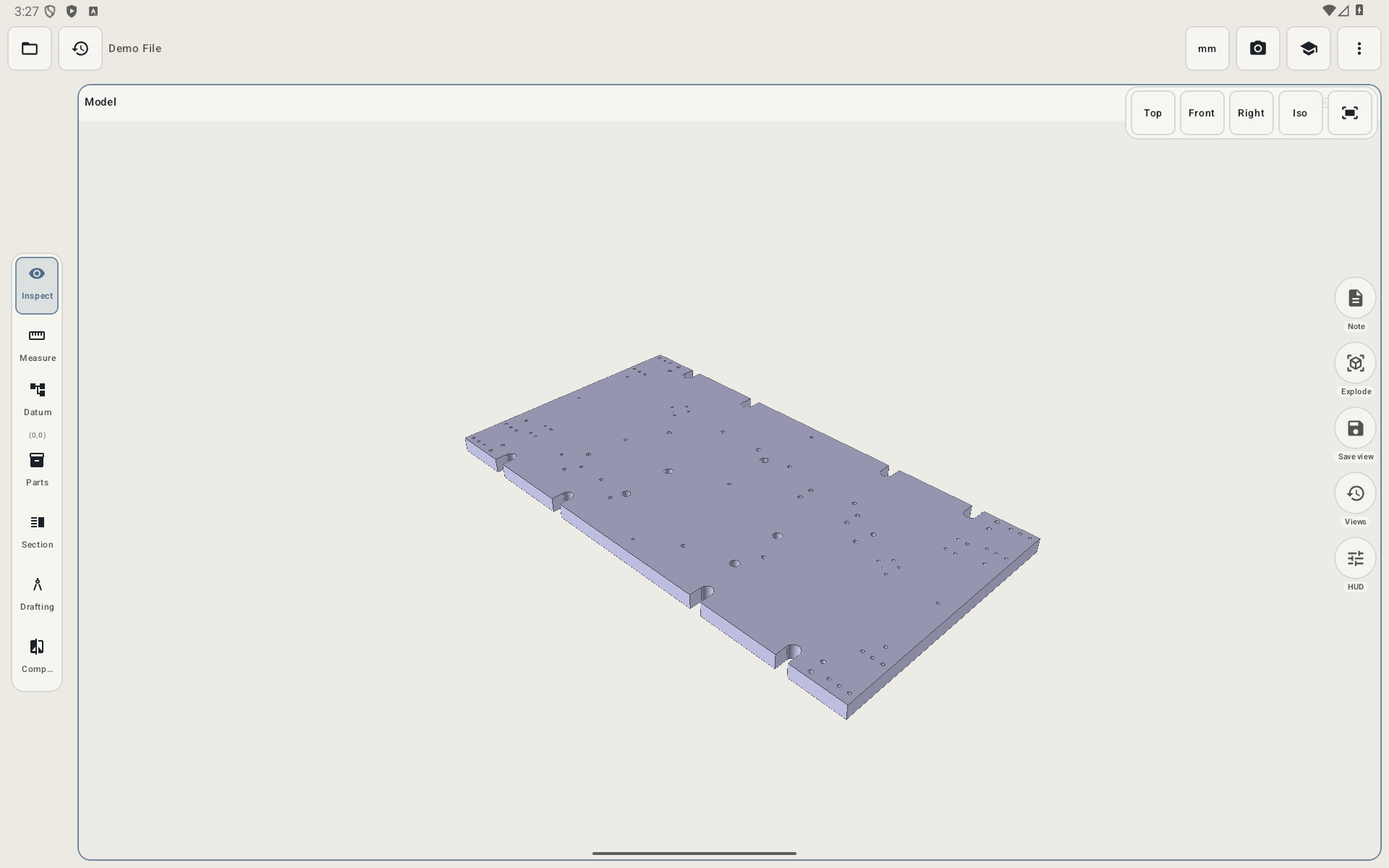 A real PartLens Android screenshot showing an anonymised 3D model workspace